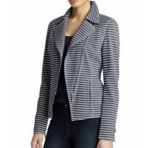 Lafayette 148 Sz 12 Blue Striped Moto Blazer Jacket l Full Zip Up Womens - Picture 11 of 12